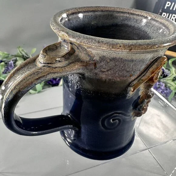 Grape Vine Mug Studio Pottery Vintage Clay Stoneware Thumb Rest Hand Cup - Picture 5 of 14